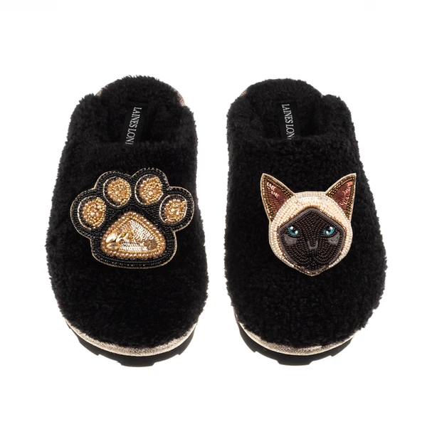 Laines London Teddy Closed Toe Slippers With Paw & Siamese Cat Brooches