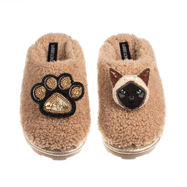 Laines London Teddy Closed Toe Slippers With Paw & Siamese Cat Brooches