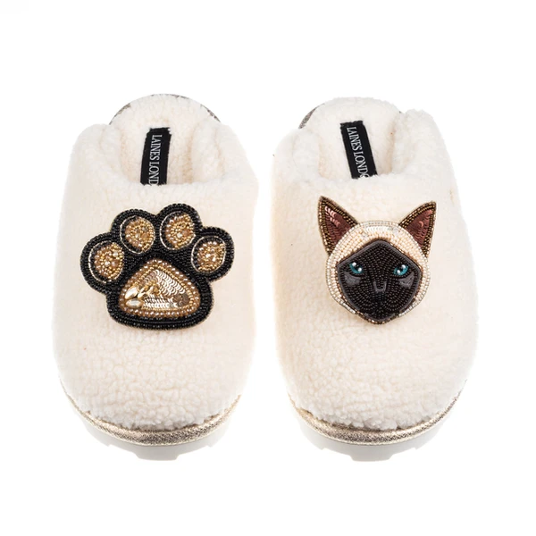laines london Teddy Closed Toe Slippers With Paw & Siamese Cat Brooches