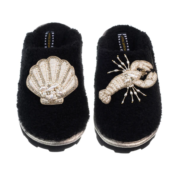 Laines London Teddy Closed Toe Slippers With Pearl Beaded Lobster & Shell Brooches