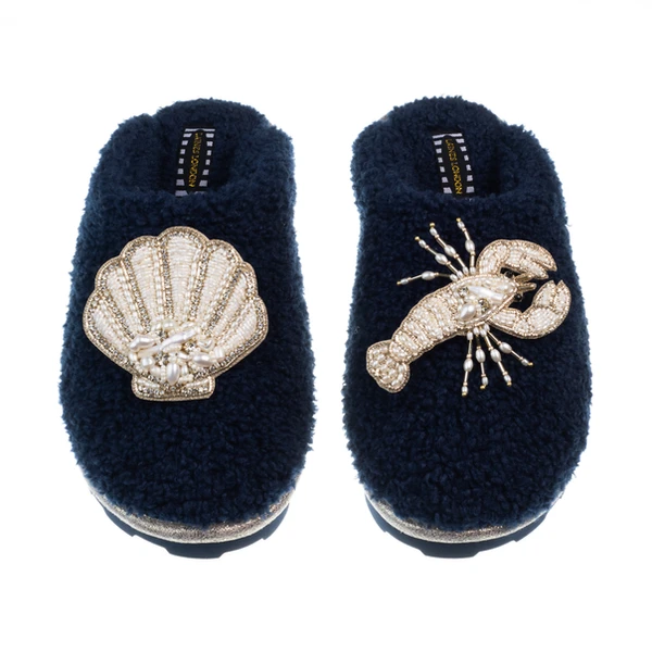 Laines London Teddy Closed Toe Slippers With Pearl Beaded Lobster & Shell Brooches
