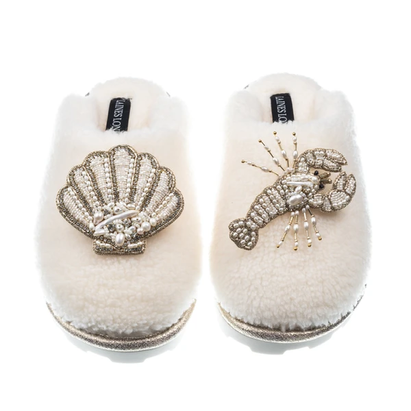 Laines London Teddy Closed Toe Slippers With Pearl Beaded Lobster & Shell Brooches