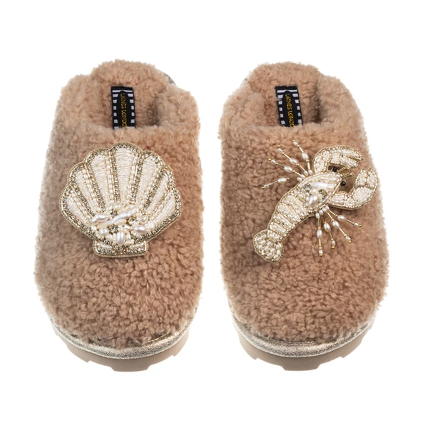 laines london Teddy Closed Toe Slippers With Pearl Beaded Lobster & Shell Brooches