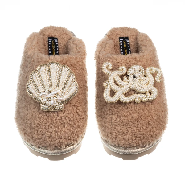 Laines London Teddy Closed Toe Slippers With Pearl Beaded Octopus & Shell Brooches