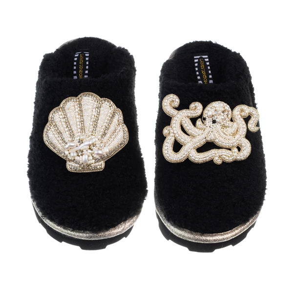 Laines London Teddy Closed Toe Slippers With Pearl Beaded Octopus & Shell Brooches