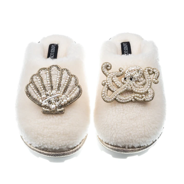 Laines London Teddy Closed Toe Slippers With Pearl Beaded Octopus & Shell Brooches