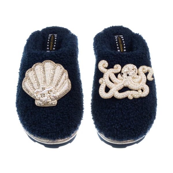 laines london Teddy Closed Toe Slippers With Pearl Beaded Octopus & Shell Brooches