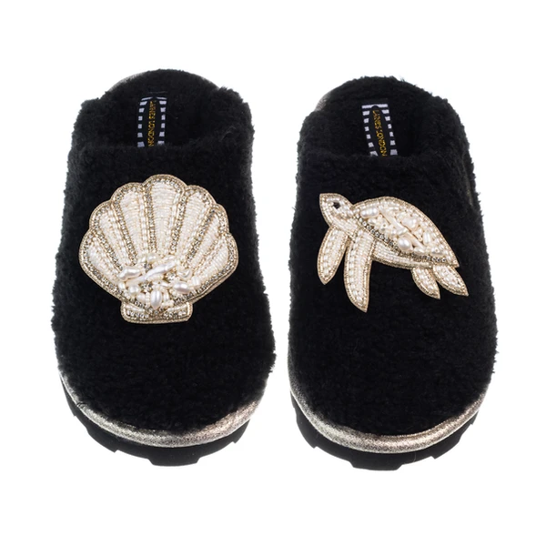 Laines London Teddy Closed Toe Slippers With Pearl Beaded Turtle & Shell Brooches
