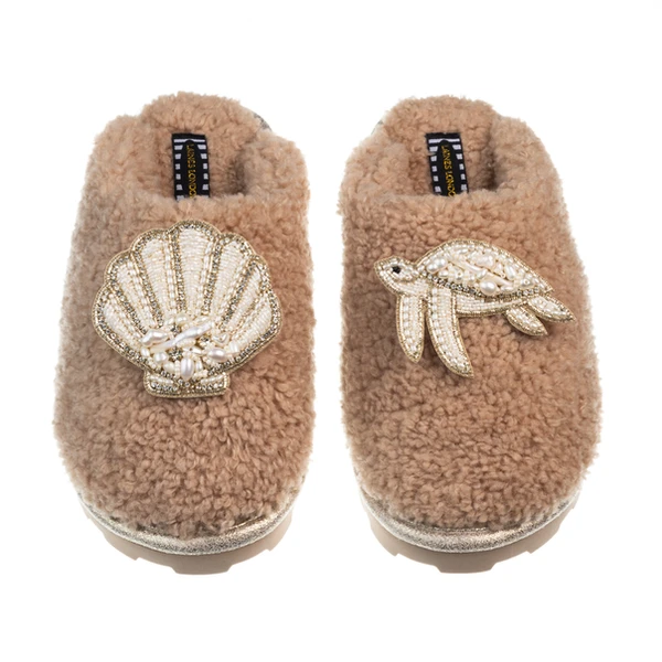 Laines London Teddy Closed Toe Slippers With Pearl Beaded Turtle & Shell Brooches
