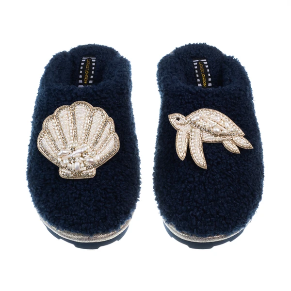 Laines London Teddy Closed Toe Slippers With Pearl Beaded Turtle & Shell Brooches