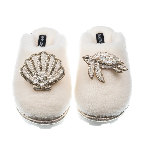 laines london Teddy Closed Toe Slippers With Pearl Beaded Turtle & Shell Brooches