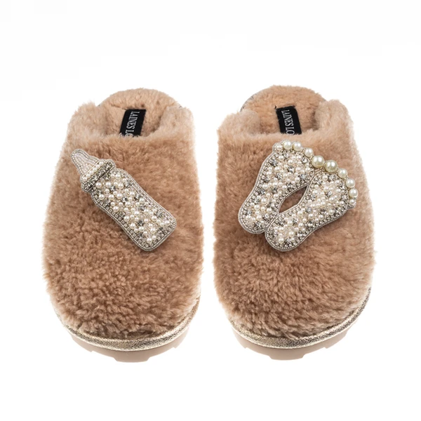 Laines London Teddy Closed Toe Slippers With Pearl New Baby Brooches