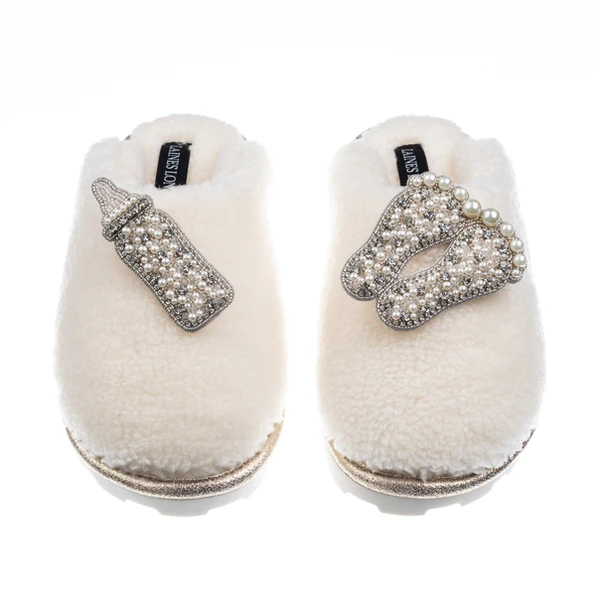 Laines London Teddy Closed Toe Slippers With Pearl New Baby Brooches