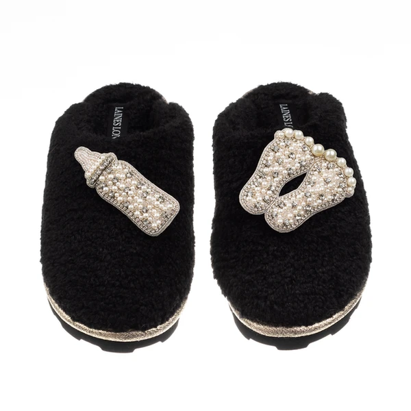 Laines London Teddy Closed Toe Slippers With Pearl New Baby Brooches