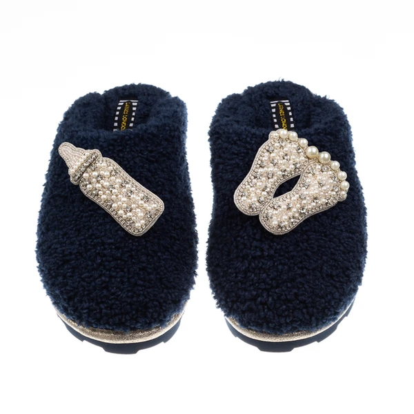 laines london Teddy Closed Toe Slippers With Pearl New Baby Brooches