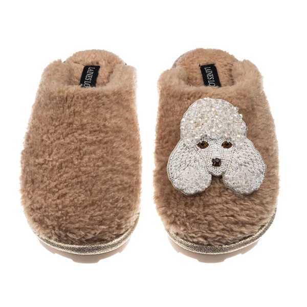 Laines London Teddy Closed Toe Slippers With Pearl The Poodle Brooch