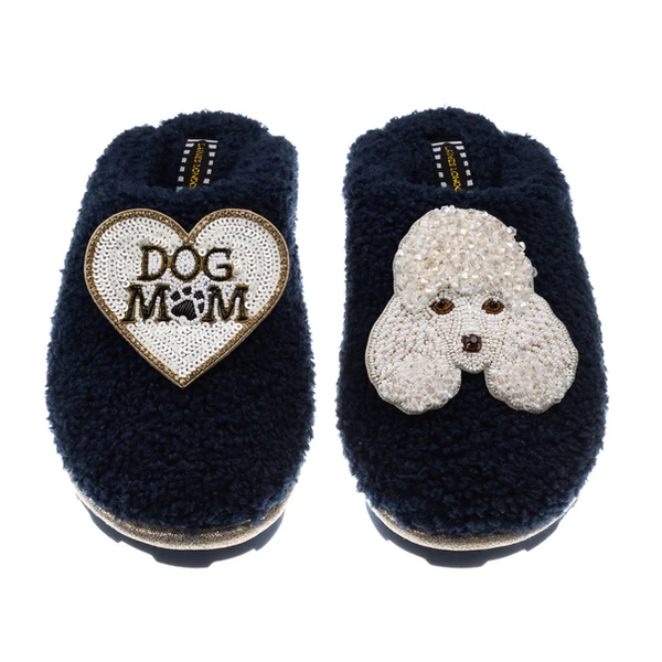 Laines London Teddy Closed Toe Slippers With Pearl The Poodle & Dog Mum / Mom Brooches