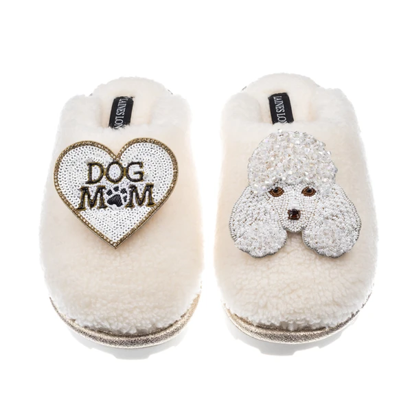 Laines London Teddy Closed Toe Slippers With Pearl The Poodle & Dog Mum / Mom Brooches