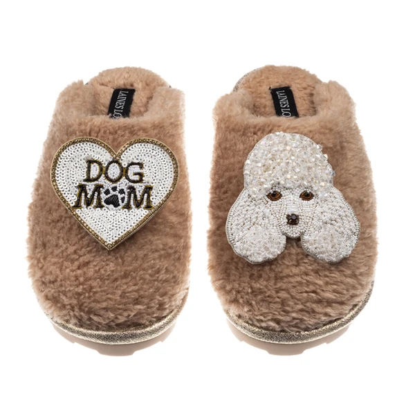 laines london Teddy Closed Toe Slippers With Pearl The Poodle & Dog Mum / Mom Brooches