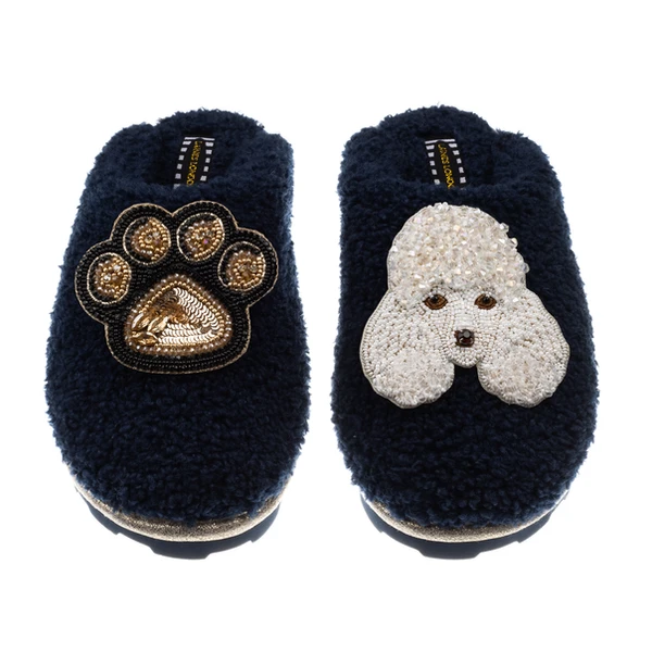 Laines London Teddy Closed Toe Slippers With Pearl The Poodle & Paw Brooches