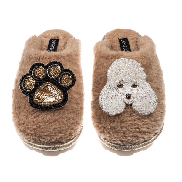 Laines London Teddy Closed Toe Slippers With Pearl The Poodle & Paw Brooches