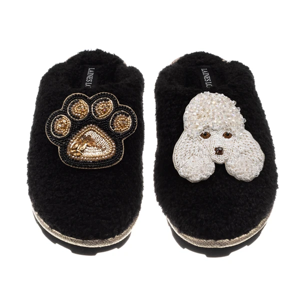 Laines London Teddy Closed Toe Slippers With Pearl The Poodle & Paw Brooches