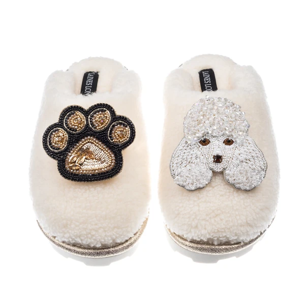 laines london Teddy Closed Toe Slippers With Pearl The Poodle & Paw Brooches