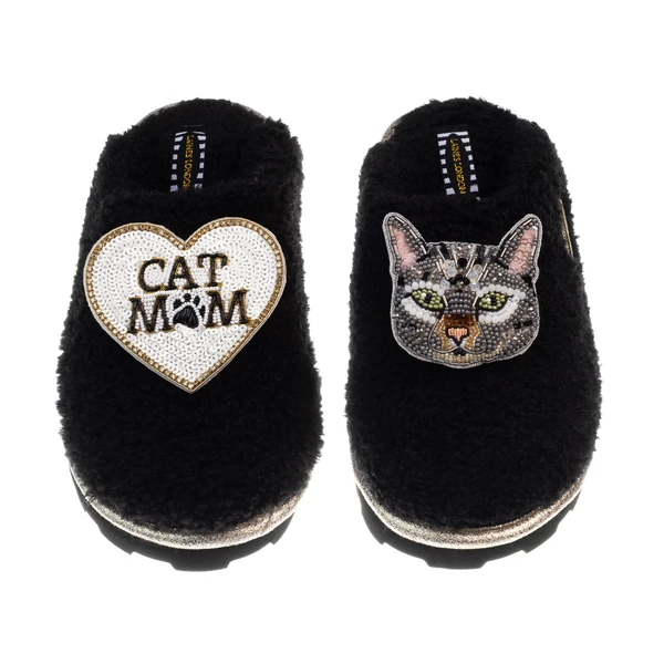 Laines London Teddy Closed Toe Slippers With Pebbles Cat & Cat Mum / Mom Brooches