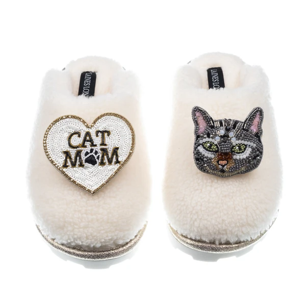 Laines London Teddy Closed Toe Slippers With Pebbles Cat & Cat Mum / Mom Brooches
