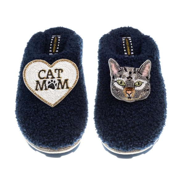 laines london Teddy Closed Toe Slippers With Pebbles Cat & Cat Mum / Mom Brooches