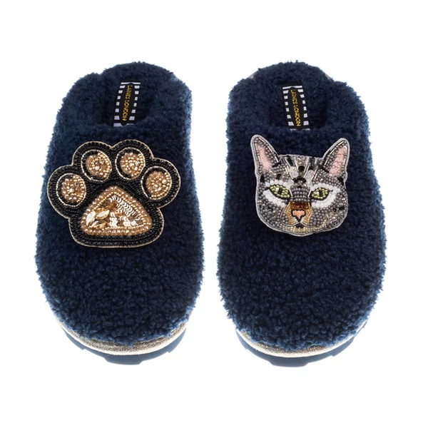 Laines London Teddy Closed Toe Slippers With Pebbles Cat & Paw Brooches