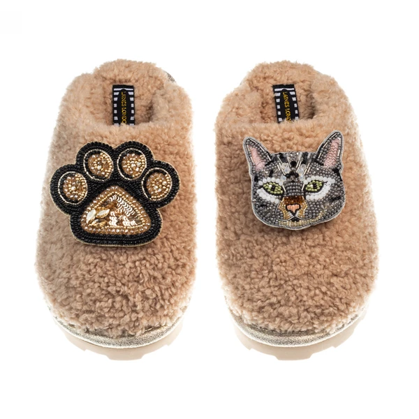 Laines London Teddy Closed Toe Slippers With Pebbles Cat & Paw Brooches