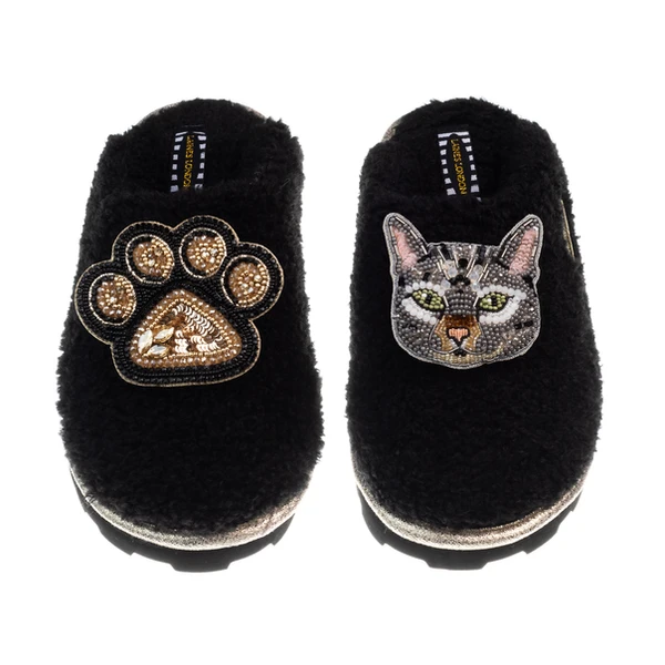 Laines London Teddy Closed Toe Slippers With Pebbles Cat & Paw Brooches