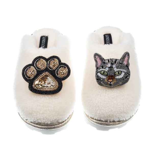 laines london Teddy Closed Toe Slippers With Pebbles Cat & Paw Brooches