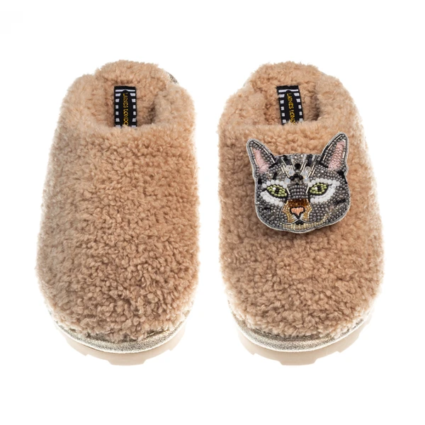 Laines London Teddy Closed Toe Slippers With Pebbles The Grey Cat Brooch