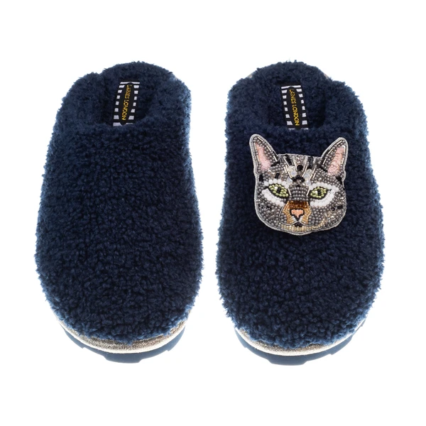 Laines London Teddy Closed Toe Slippers With Pebbles The Grey Cat Brooch