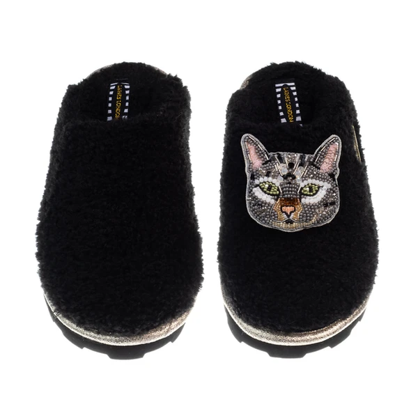 laines london Teddy Closed Toe Slippers With Pebbles The Grey Cat Brooch