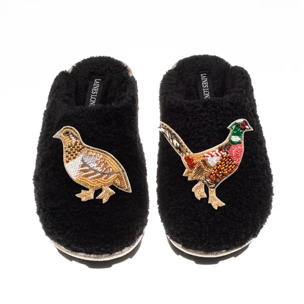 Laines London Teddy Closed Toe Slippers With Pheasant & Hen Brooches