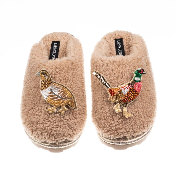 Laines London Teddy Closed Toe Slippers With Pheasant & Hen Brooches