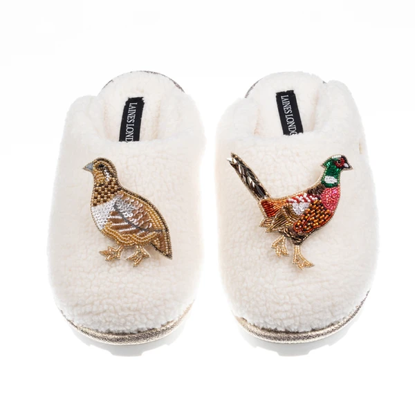 laines london Teddy Closed Toe Slippers With Pheasant & Hen Brooches