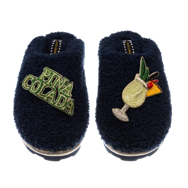 Laines London Teddy Closed Toe Slippers With Pina Colada Brooches