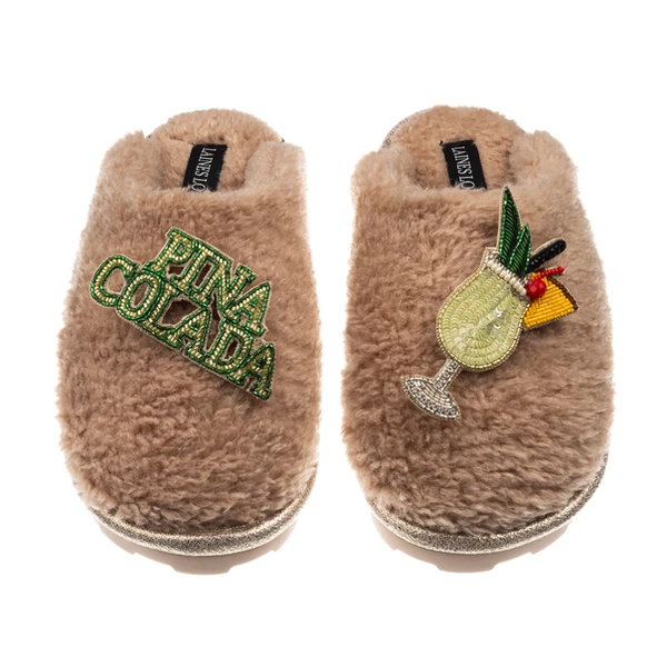 Laines London Teddy Closed Toe Slippers With Pina Colada Brooches