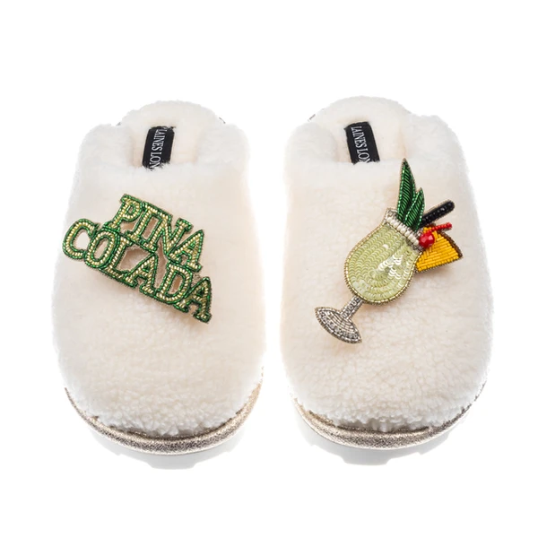 laines london Teddy Closed Toe Slippers With Pina Colada Brooches
