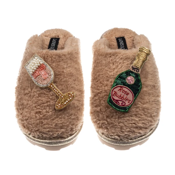 Laines London Teddy Closed Toe Slippers With Pink Champagne Brooches