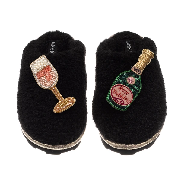Laines London Teddy Closed Toe Slippers With Pink Champagne Brooches