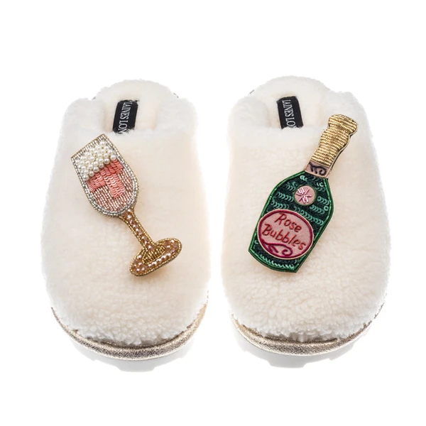 laines london Teddy Closed Toe Slippers With Pink Champagne Brooches