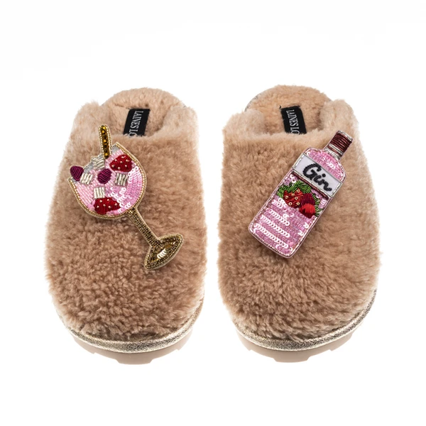 Laines London Teddy Closed Toe Slippers With Pink Gin & Glass Brooches