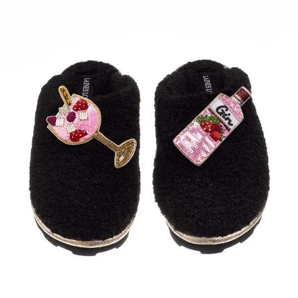 Laines London Teddy Closed Toe Slippers With Pink Gin & Glass Brooches
