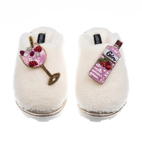 Laines London Teddy Closed Toe Slippers With Pink Gin & Glass Brooches