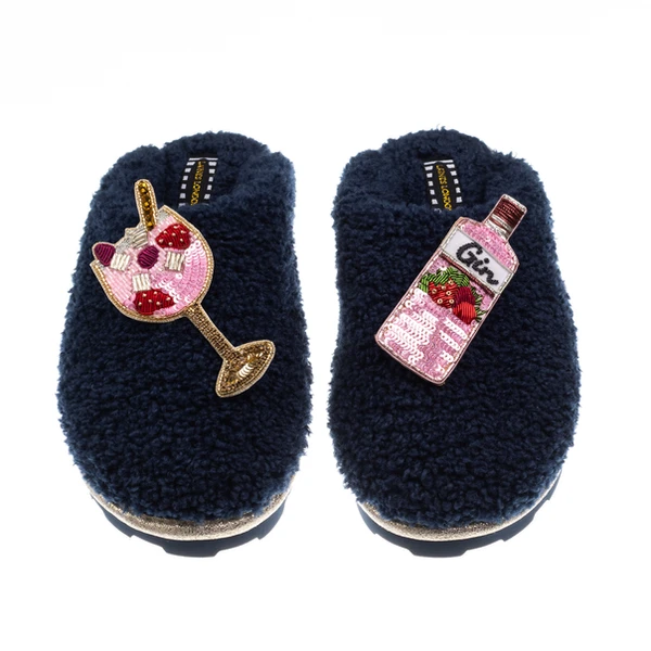 laines london Teddy Closed Toe Slippers With Pink Gin & Glass Brooches